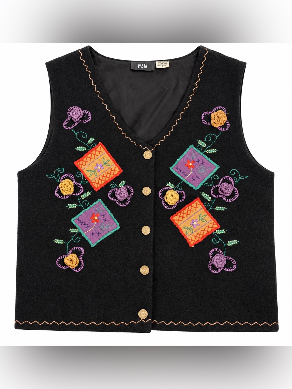 Vintage Black wool GrandmaCore embroidered vest w gold buttons. 90s S-M